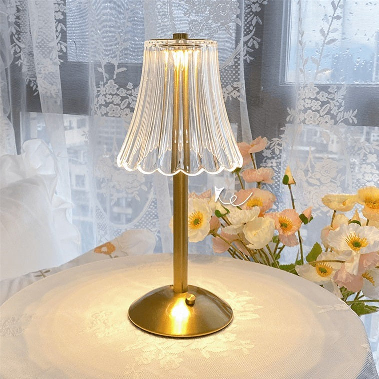 Retro genopladelig bordlampe med krystalskærm, børstet aluminium og touchbetjening