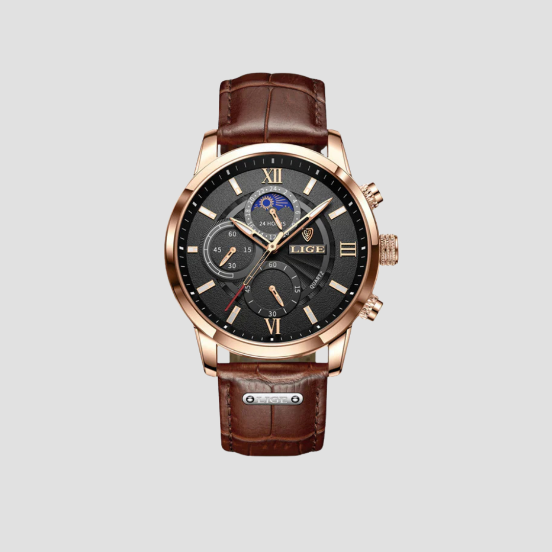Klassische Quarz-Herrenuhr mit Lederarmband und mehreren Zifferblättern