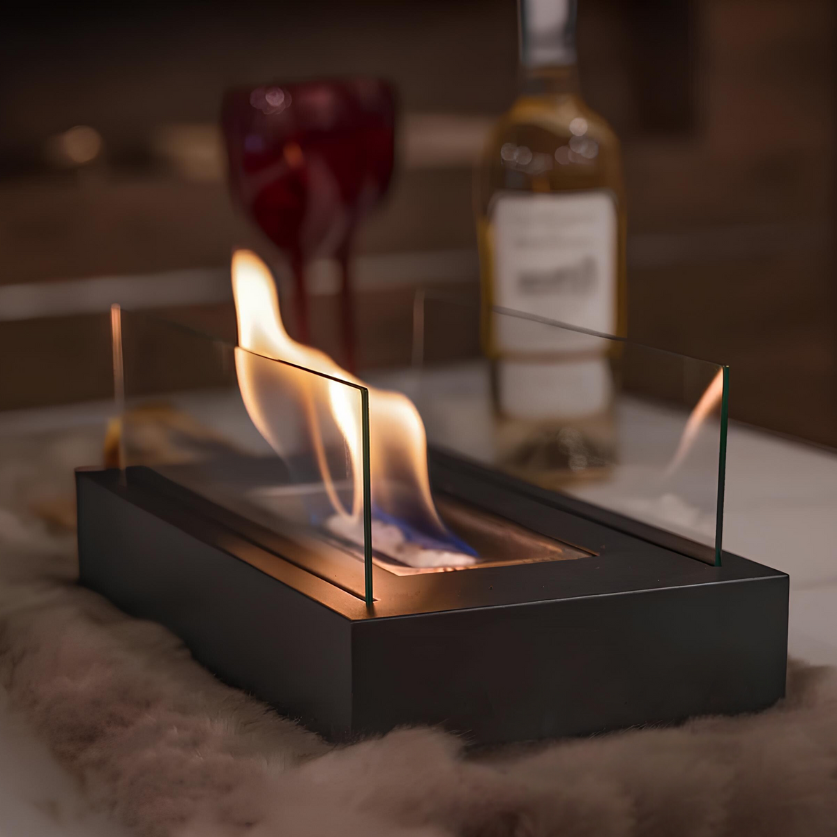 Tragbare Tischkamin-Tischlampe aus rechteckigem Glas mit Metallfuß