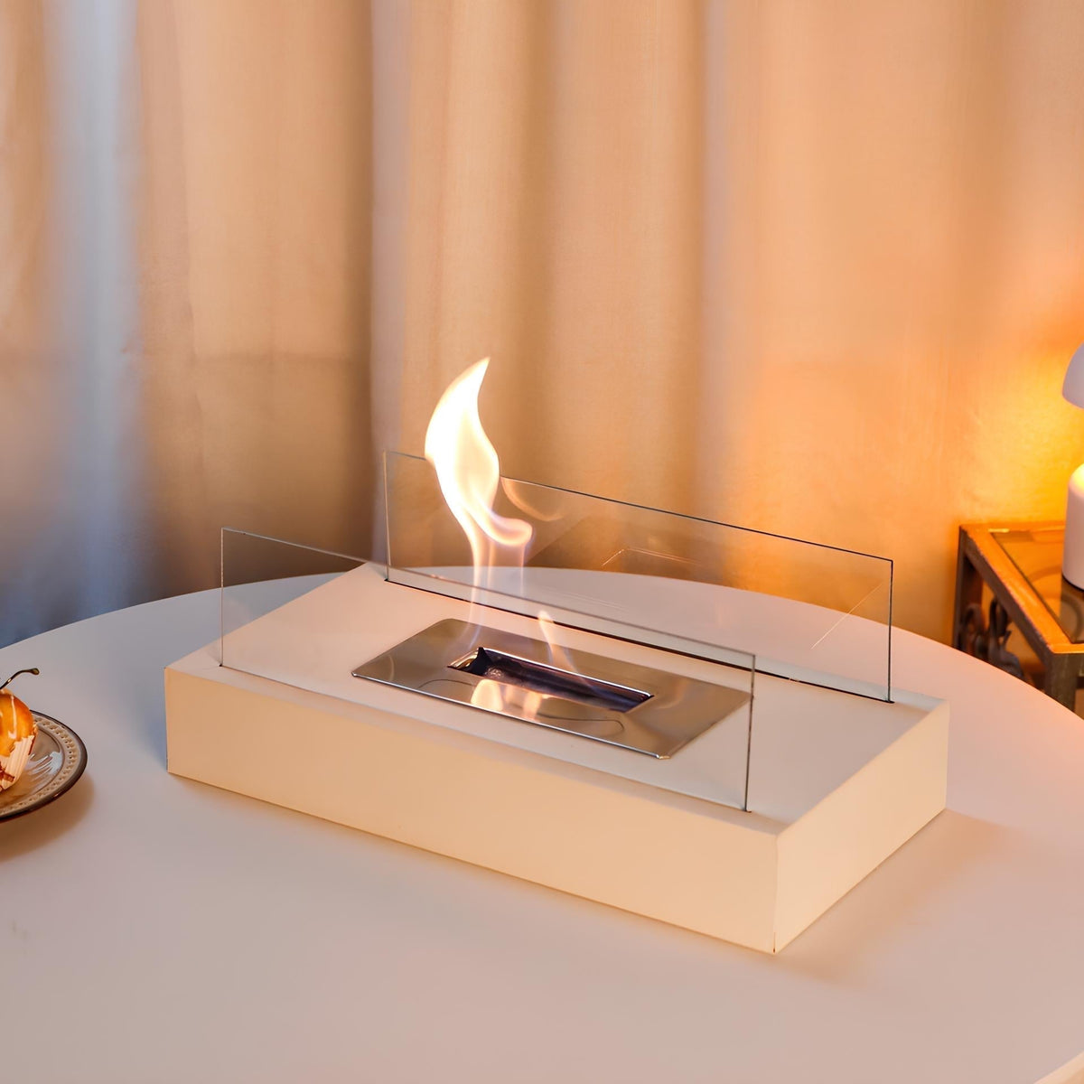 Tragbare Tischkamin-Tischlampe aus rechteckigem Glas mit Metallfuß