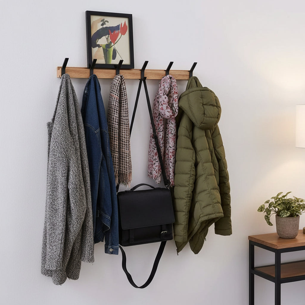 Skandinavische minimalistische Wandgarderobe aus Holz mit verschiebbaren Haken