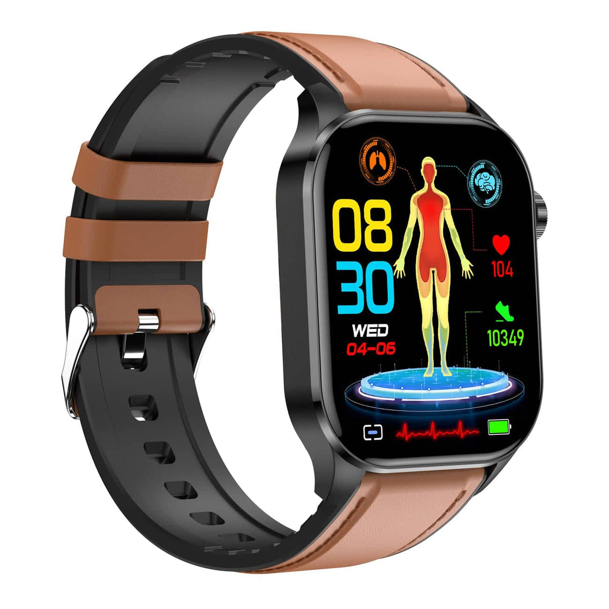 Kompakt smartwatch med touchscreen, sundhedsovervågning samt EKG- og blodtrykssporing
