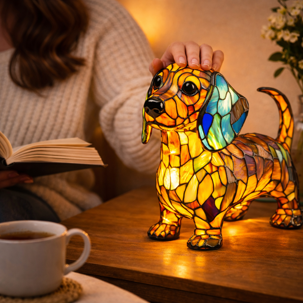 Dekorative Tischlampe aus Hundemotiv-Buntglasmosaik für das Schlafzimmer