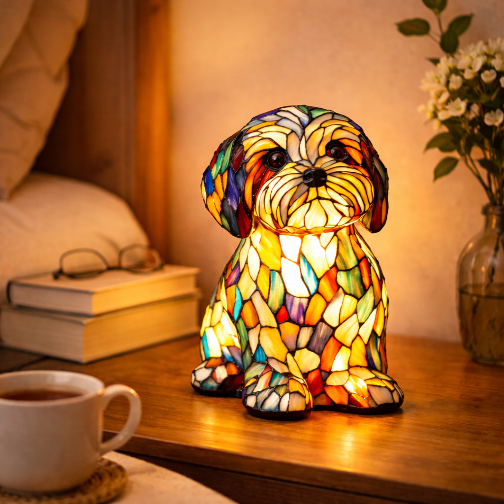 Dekorative Tischlampe aus Hundemotiv-Buntglasmosaik für das Schlafzimmer