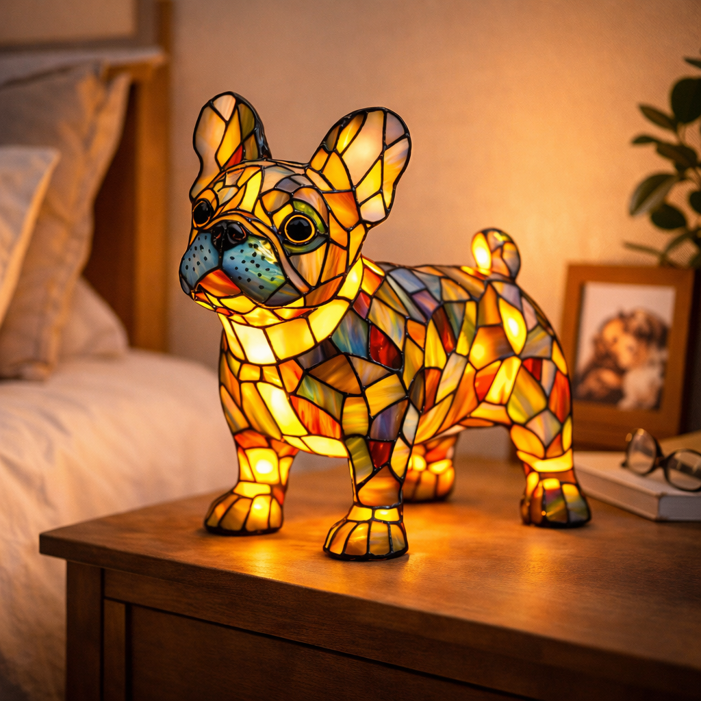 Dekorative Tischlampe aus Hundemotiv-Buntglasmosaik für das Schlafzimmer