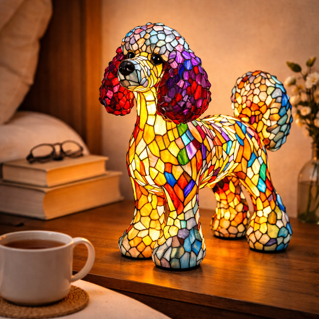 Tischlampe mit Hundemotiv aus Buntglasmosaik