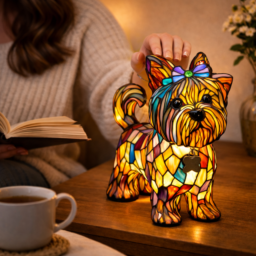 Dekorative Tischlampe aus Hundemotiv-Buntglasmosaik für das Schlafzimmer