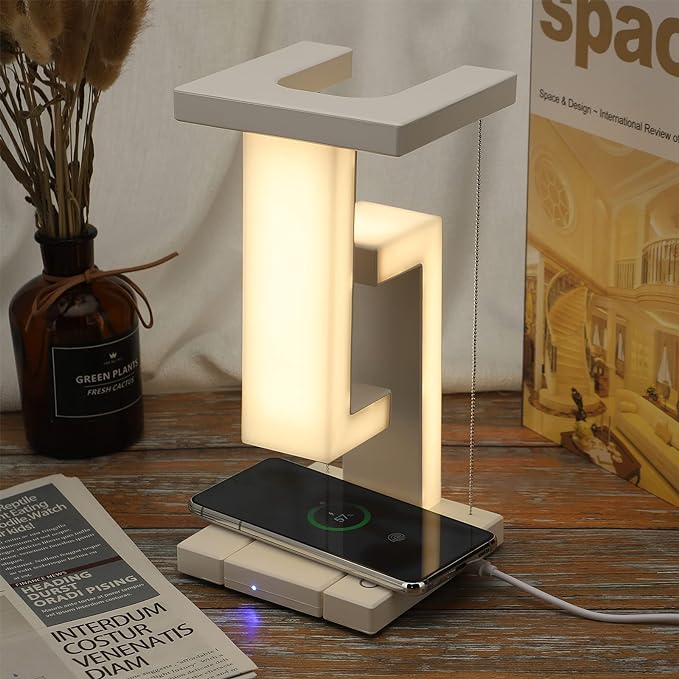 Bordlampe med svævende zonelys og trådløs opladning